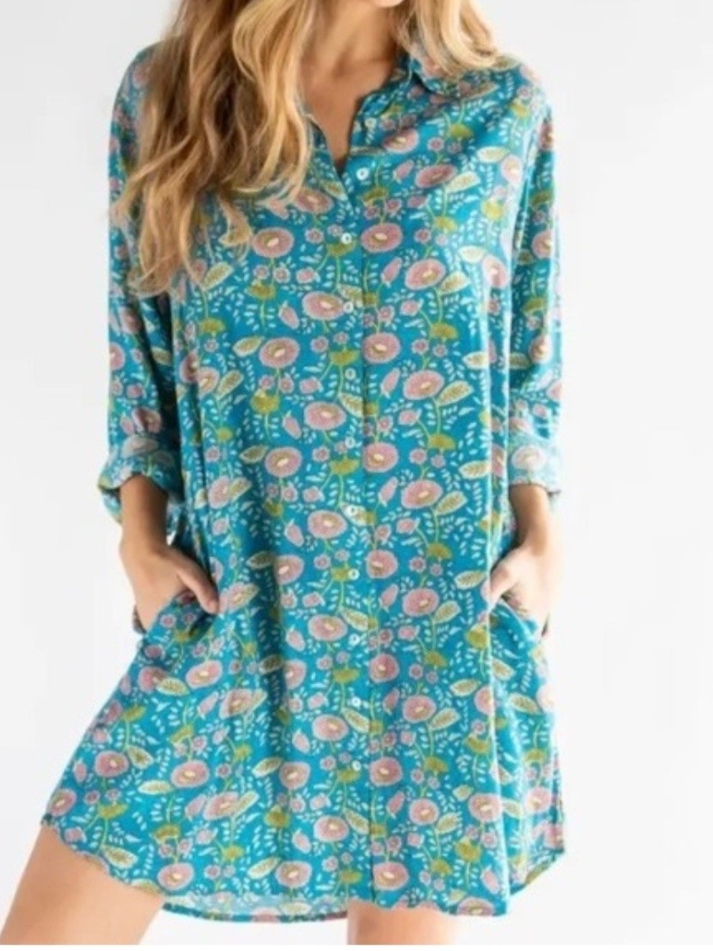 Floral Button-Front Swing Dress in Teal